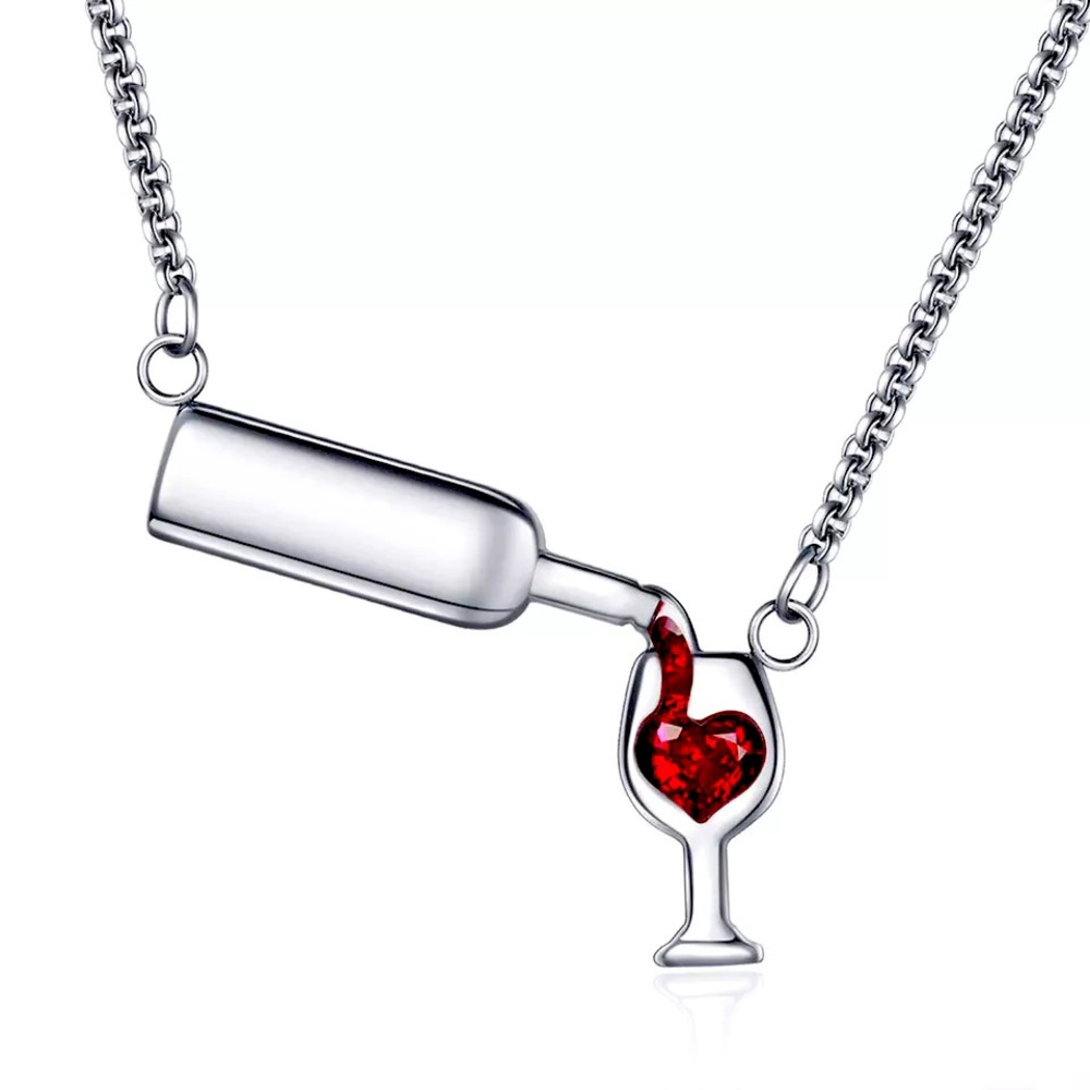 Wine Bottle and Glass Stainless Steel Necklace.
